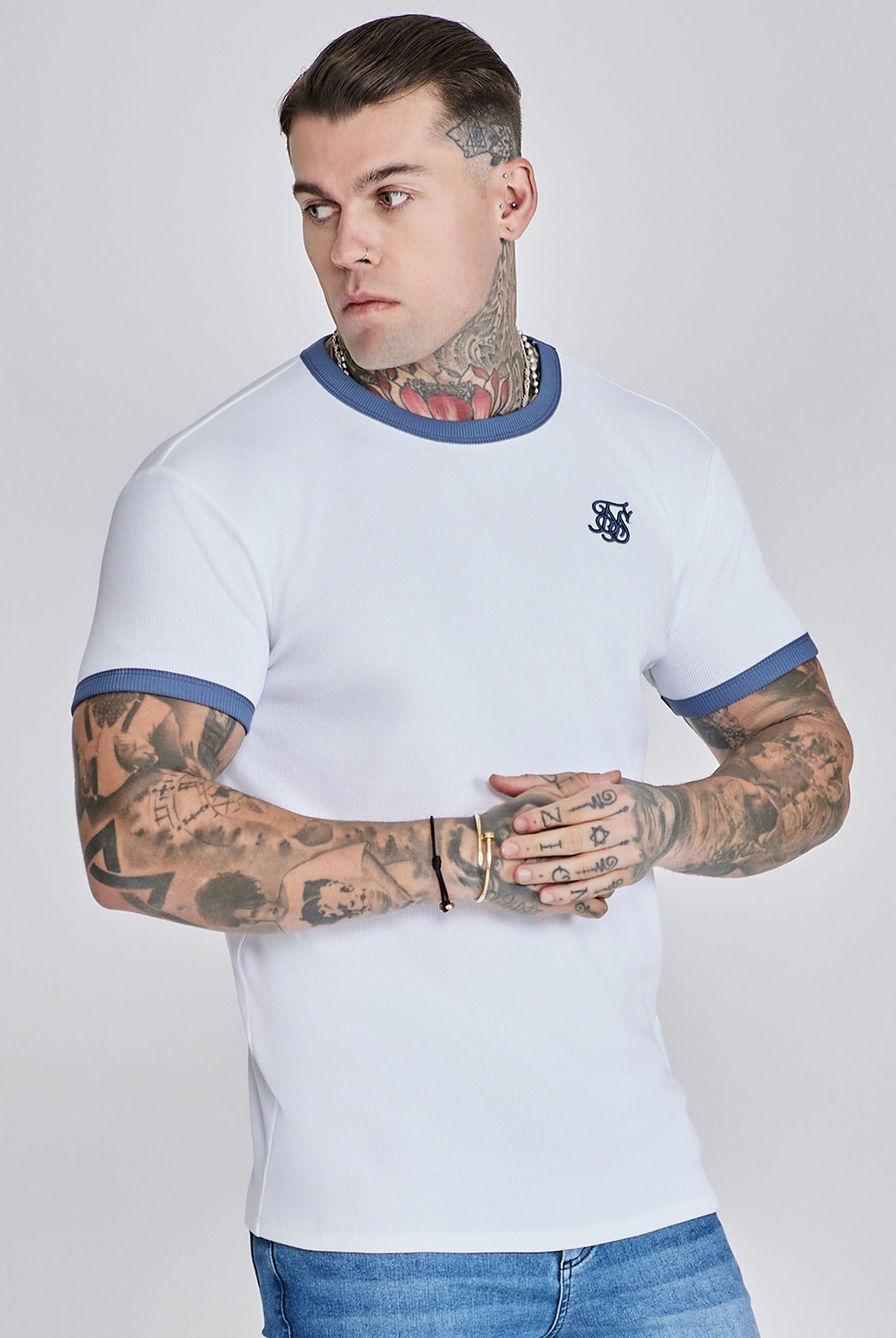 SikSilk Men's Ribbed Ringer T-Shirt in White
