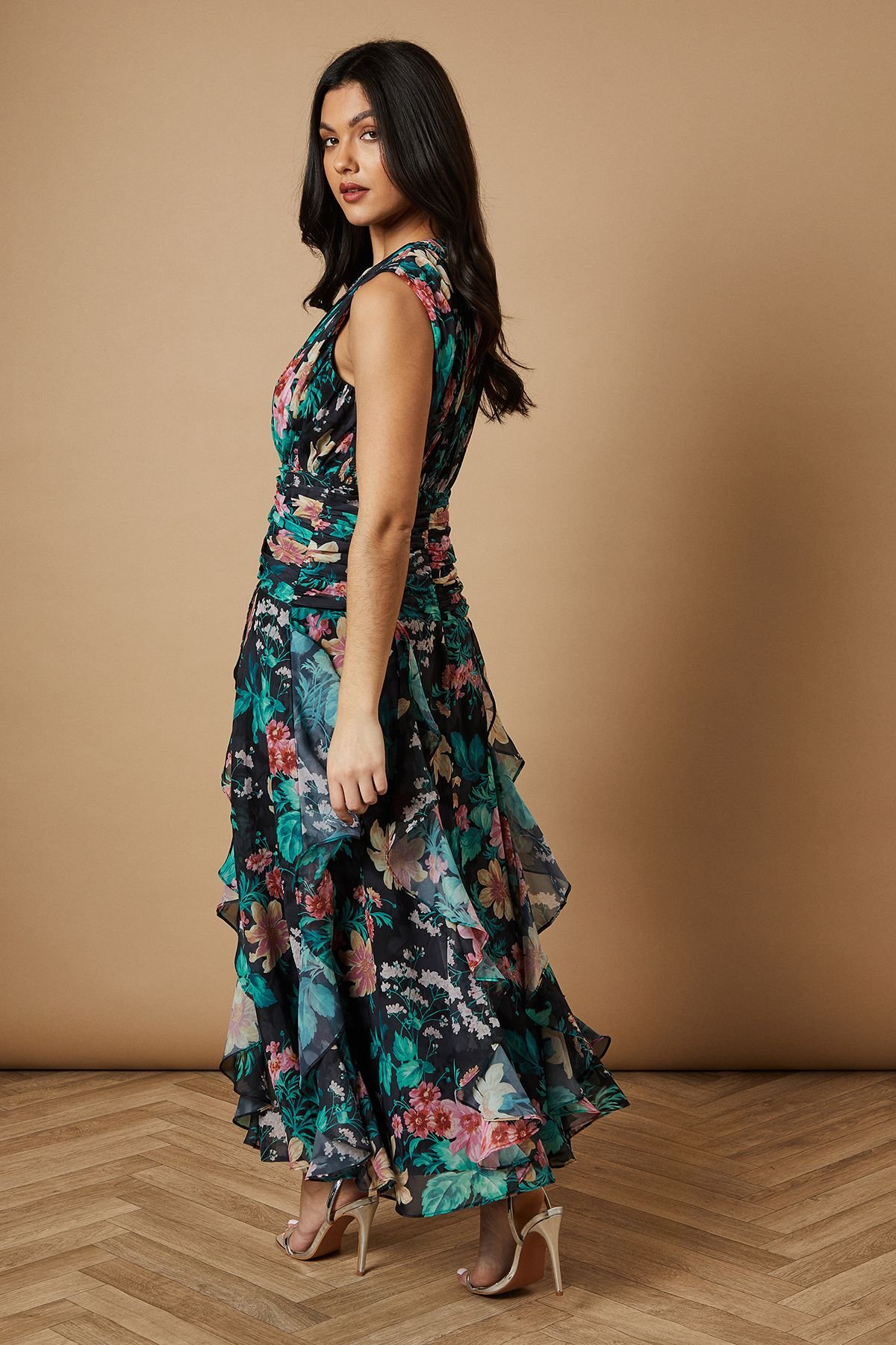 Oasis Oasis Women's Floral Waist Detail Ruffle Maxi Dress in Black - 4