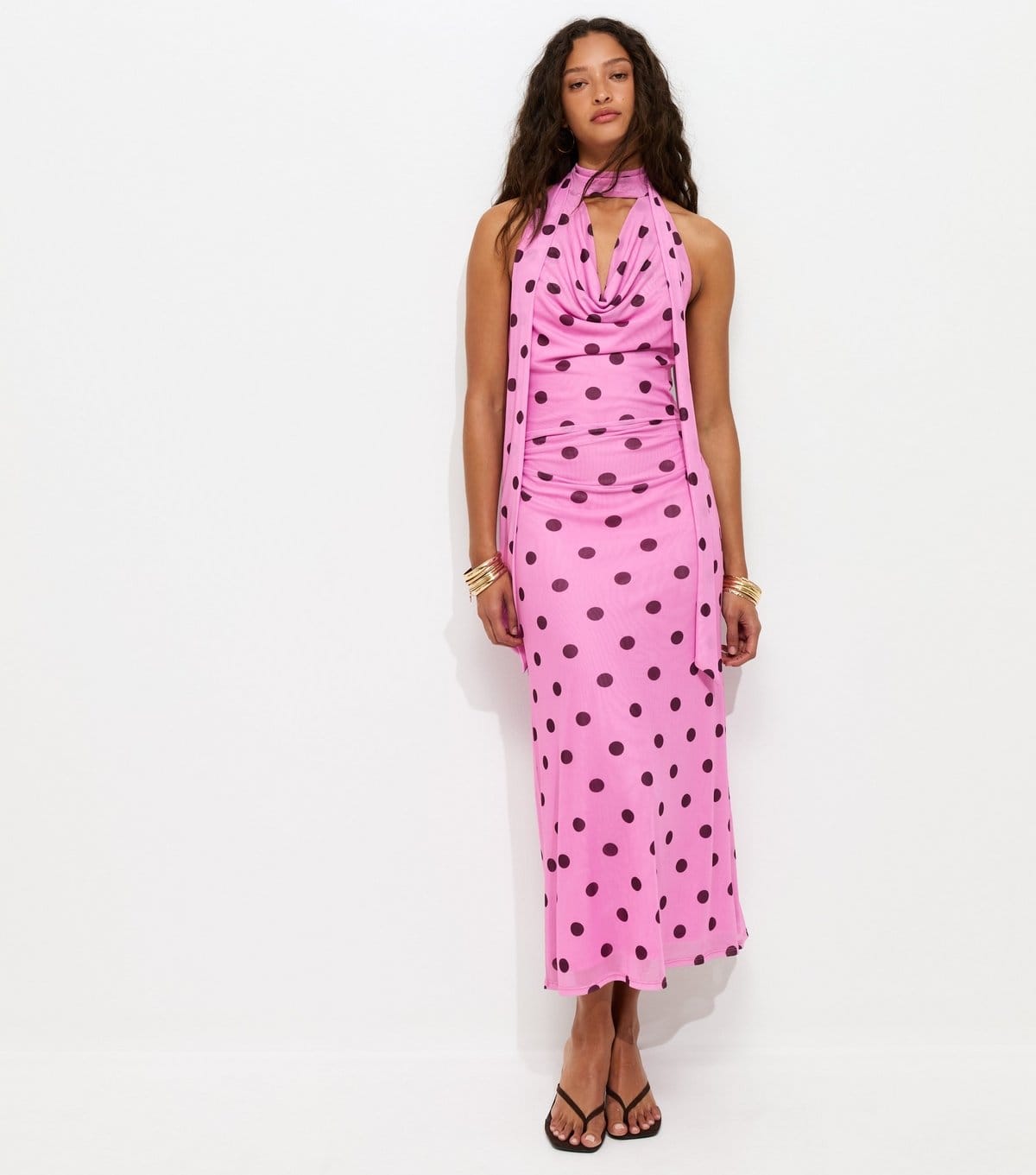 New Look Pink Polka Dot Cowl Neck Midi Dress