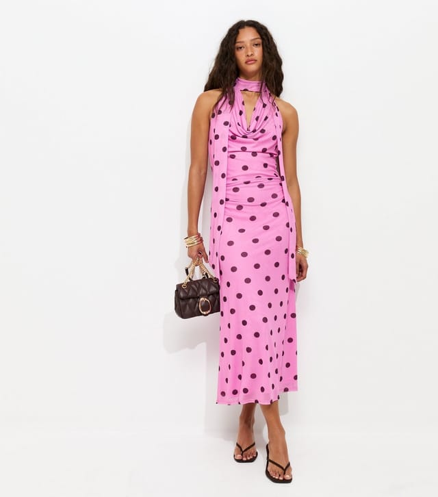 New Look Women's Pink Polka Dot Cowl Neck Scarf Trim Midi Dress New Look - 2
