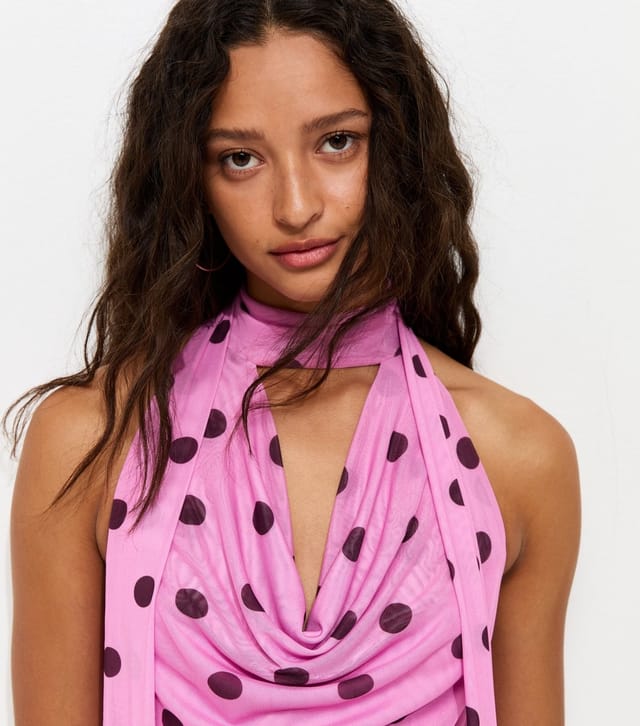 New Look Women's Pink Polka Dot Cowl Neck Scarf Trim Midi Dress New Look - 3