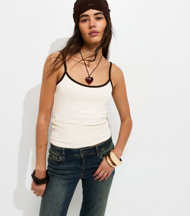 New Look Women's Cream Cotton Rich Contrast Trim Cami Top New Look - 3