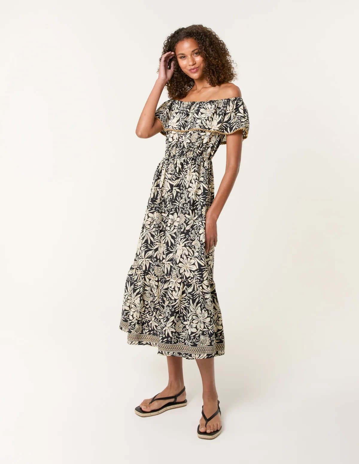 Blue Vanilla Gold Beaded Bardot Midi Dress