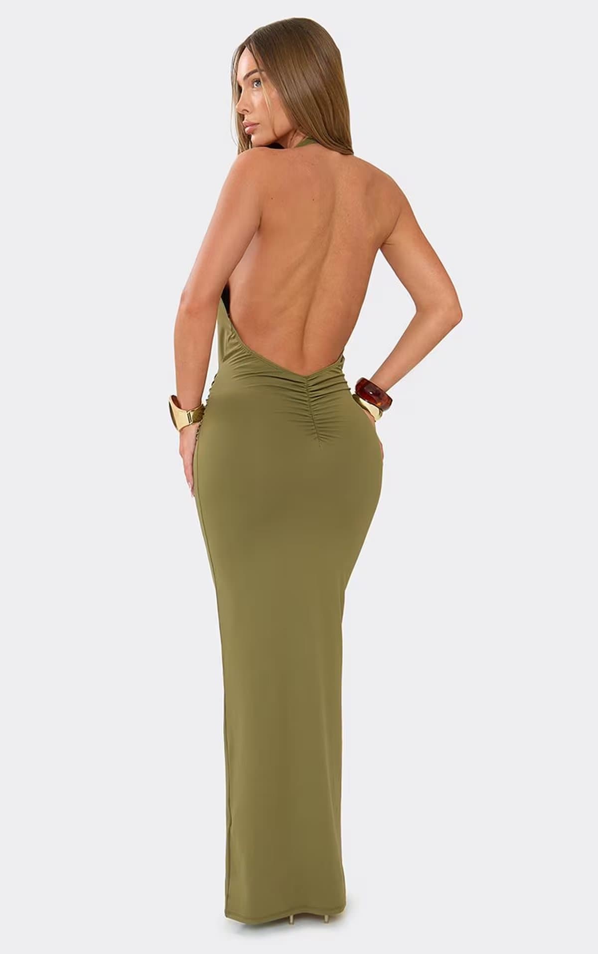 EGO Halterneck Extreme Plunge Drape Front Maxi Dress In Khaki, Women's Size UK 6