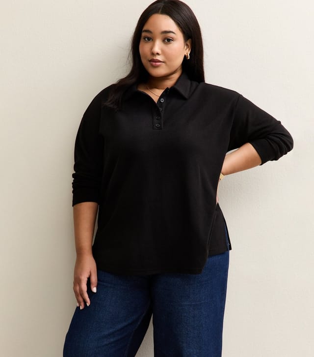 New Look Women's Plus Size Black Ribbed Long Sleeve Polo Top Curves New Look - 2
