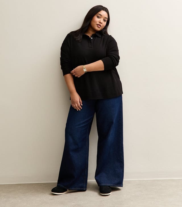 New Look Women's Plus Size Black Ribbed Long Sleeve Polo Top Curves New Look - 3