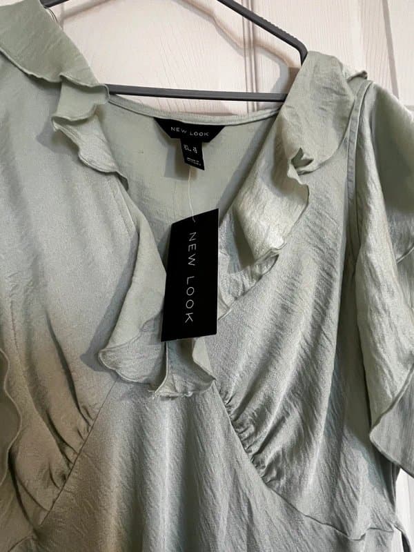 New Look Sage green ruffle trim flutter sleeve wrap midi dress