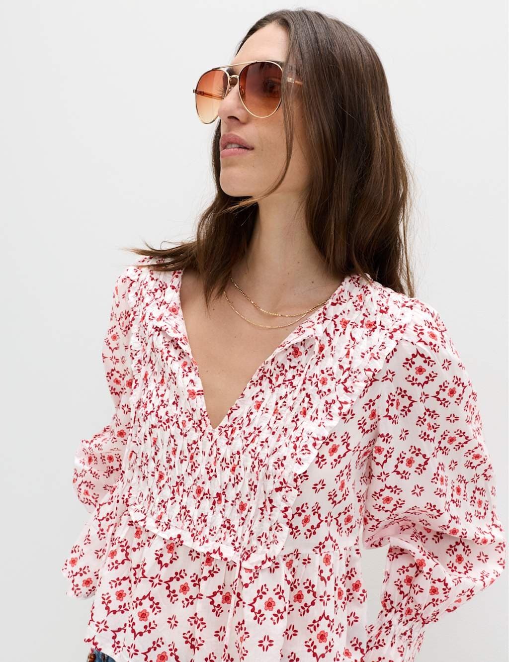 Marks & Spencer M&S Cotton Rich Tie Neck Puff Sleeve Blouse Red Mix