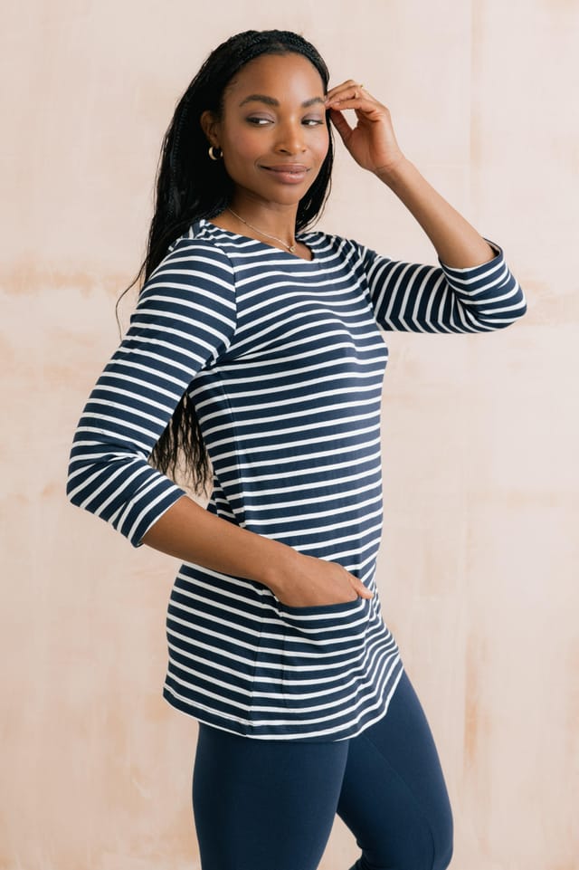 Lily & Me Lily & Me Women's Coastal 3/4 Sleeve Jersey Stripe Tunic in Blue - 2