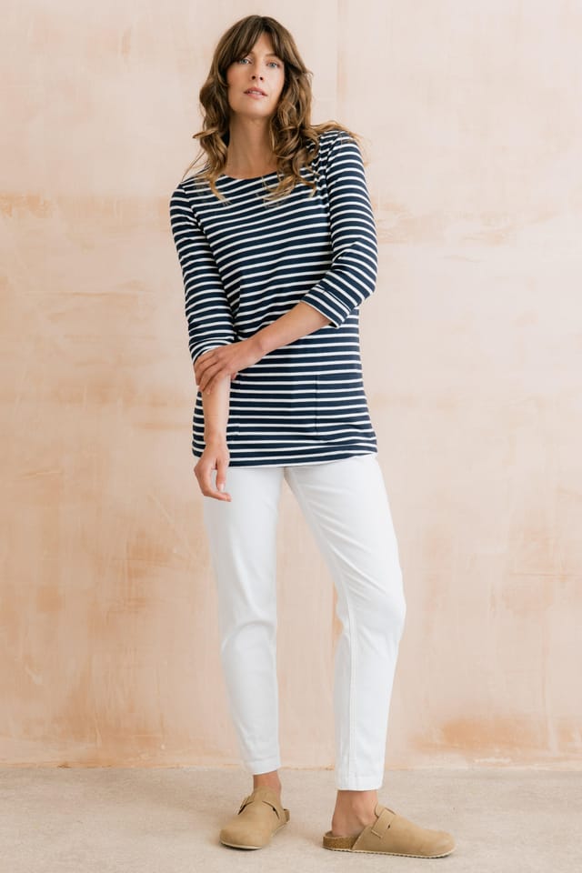 Lily & Me Lily & Me Women's Coastal 3/4 Sleeve Jersey Stripe Tunic in Blue - 3