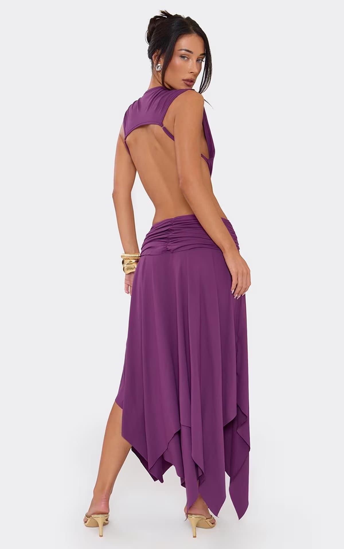 EGO Twist Front Cut Out Hanky Hem Maxi Dress In Purple., Women's Size UK 6