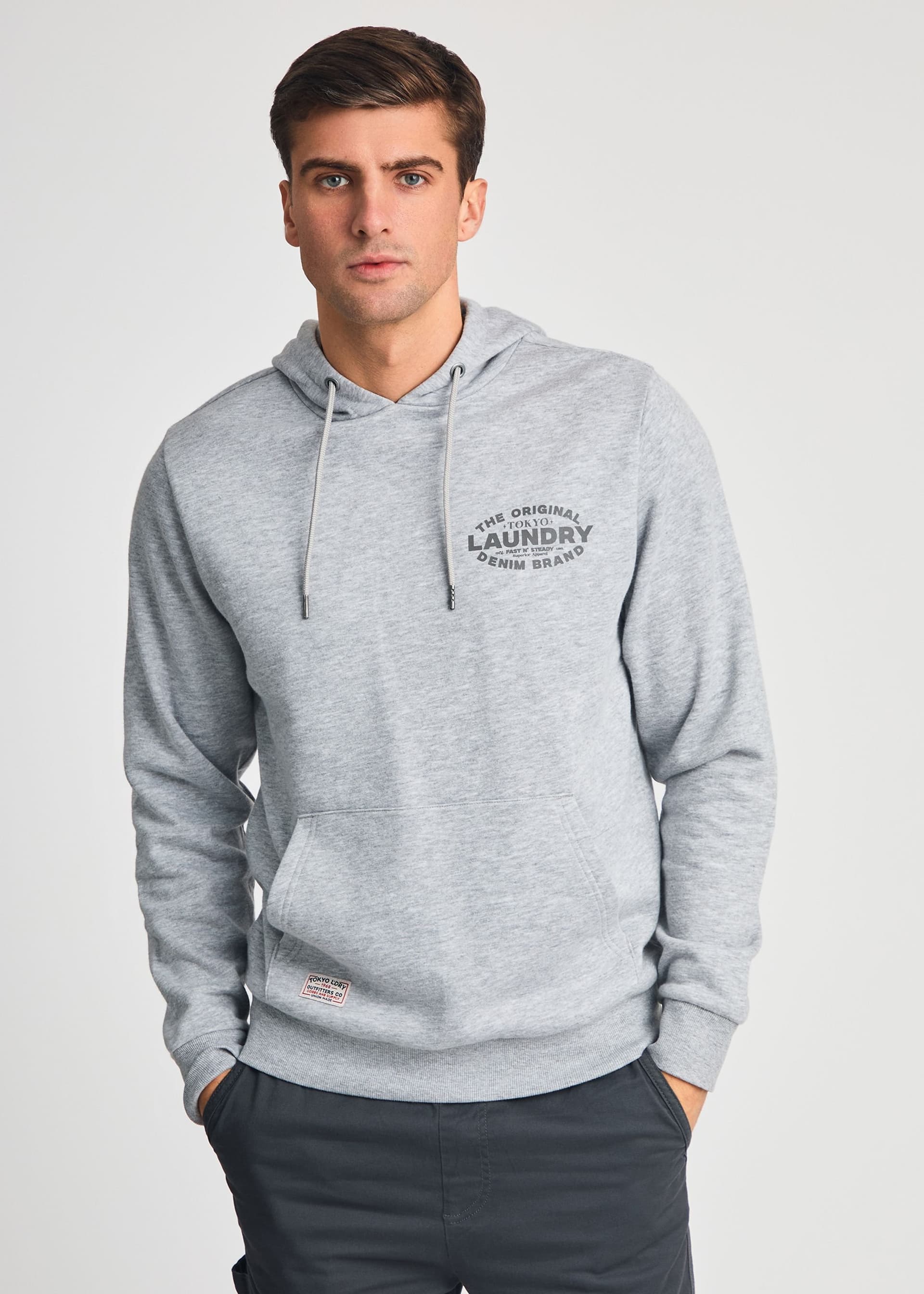 Tokyo Laundry Tokyo Laundry Men's Printed Hoody with Drawcord in Light Grey