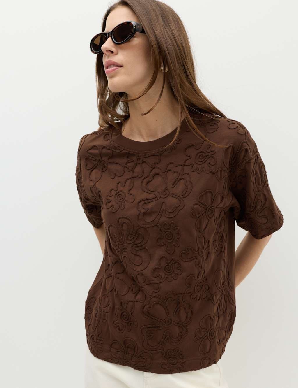Marks & Spencer M&S Pure Cotton Appliqué T-Shirt Chocolate