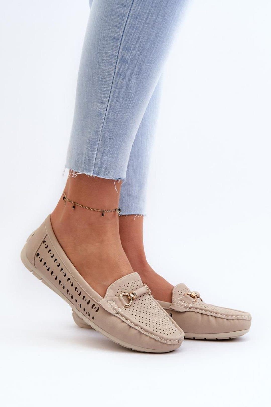 Love Lace Love Lace Women's Openwork Moccasins with Gold Front Decoration & Soft Insole in Beige