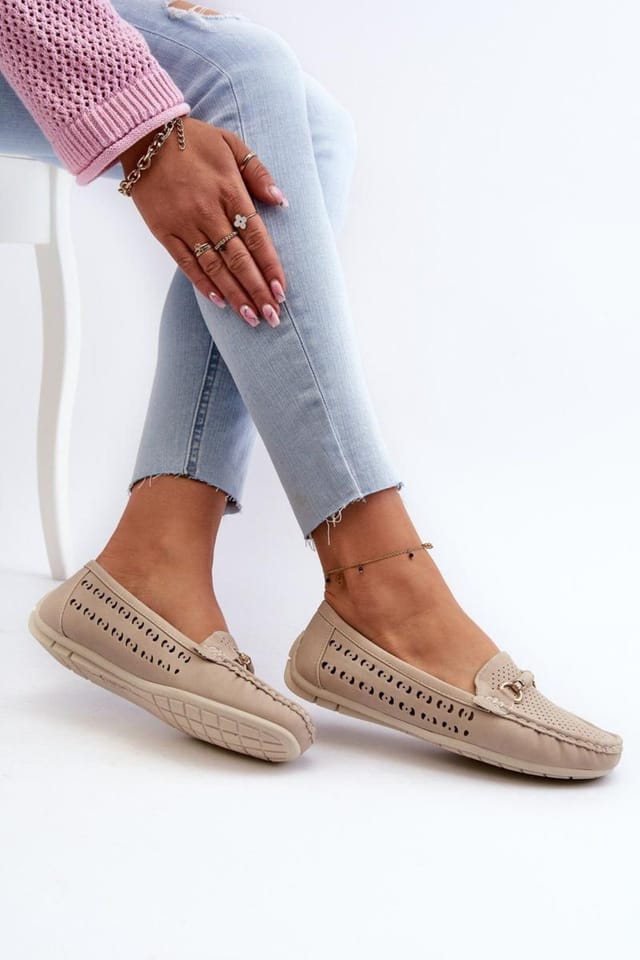 Love Lace Love Lace Women's Openwork Moccasins with Gold Front Decoration & Soft Insole in Beige - 3