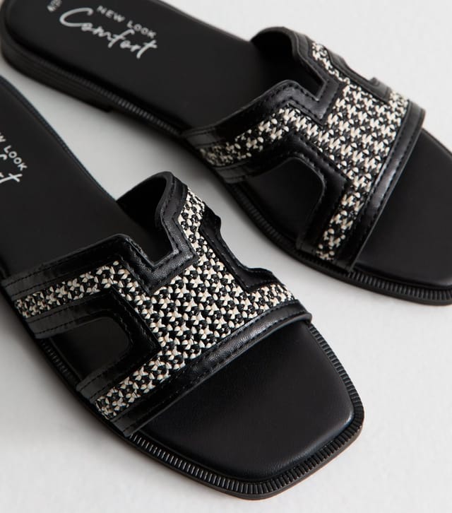 New Look Women's Black Raffia And Faux Leather Sandals Vegan New Look - 3
