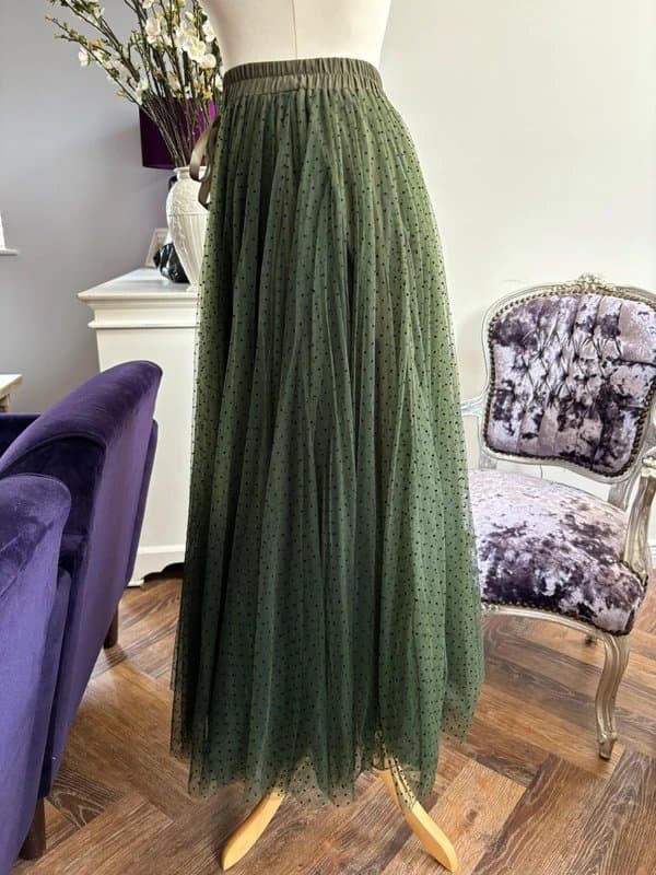 Choklate 💚 Choklate Paris Olive Green Polka Dot Tulle Maxi Skirt Size S Romantic Balletcore