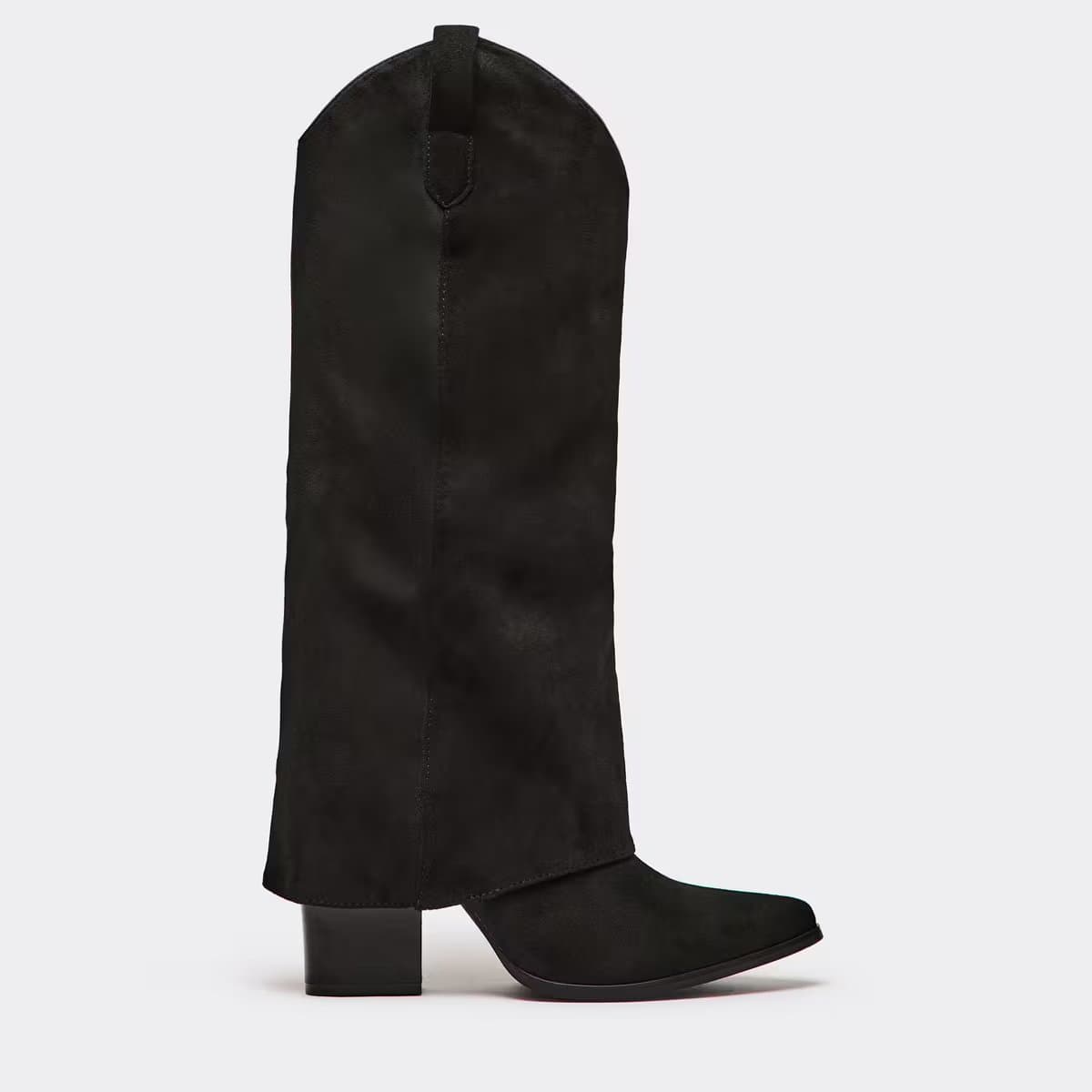 EGO Bosa Layered Pointed Toe Knee High Heeled Boot In Black Faux Suede, Women's Size UK 3