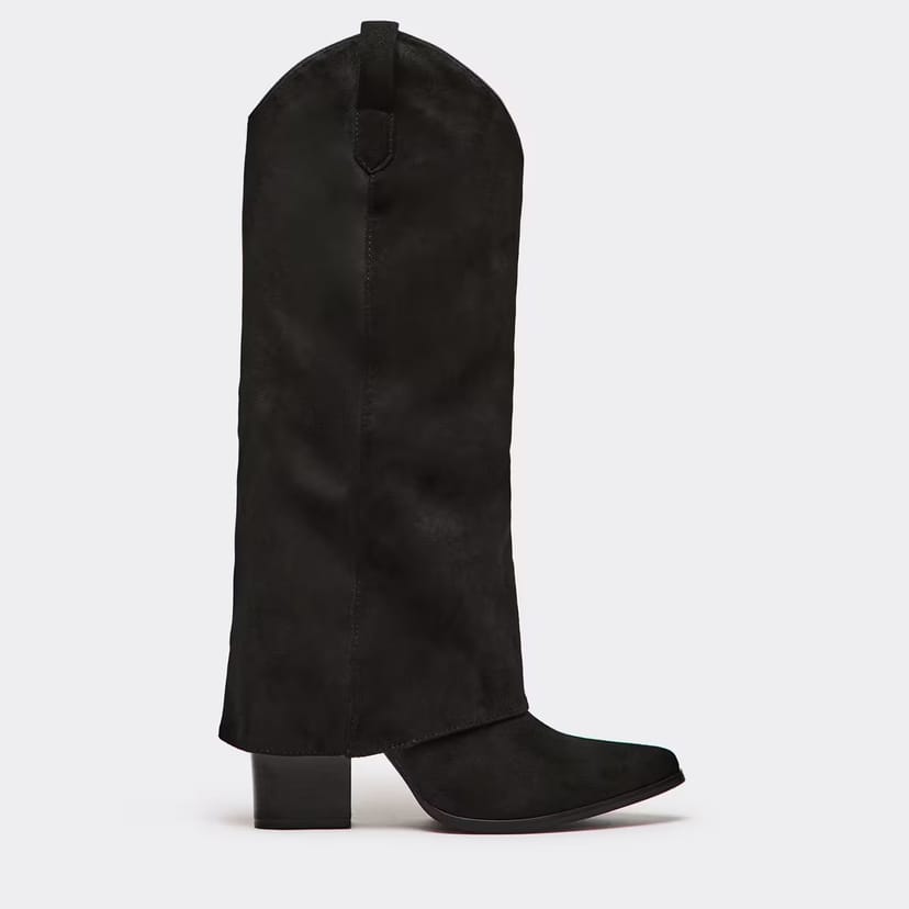 EGO Bosa Layered Pointed Toe Knee High Heeled Boot In Black Faux Suede, Women's Size UK 3 - 1