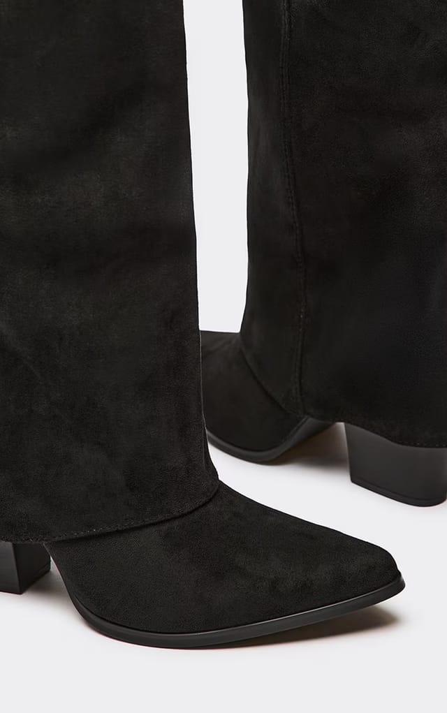 EGO Bosa Layered Pointed Toe Knee High Heeled Boot In Black Faux Suede, Women's Size UK 3 - 2