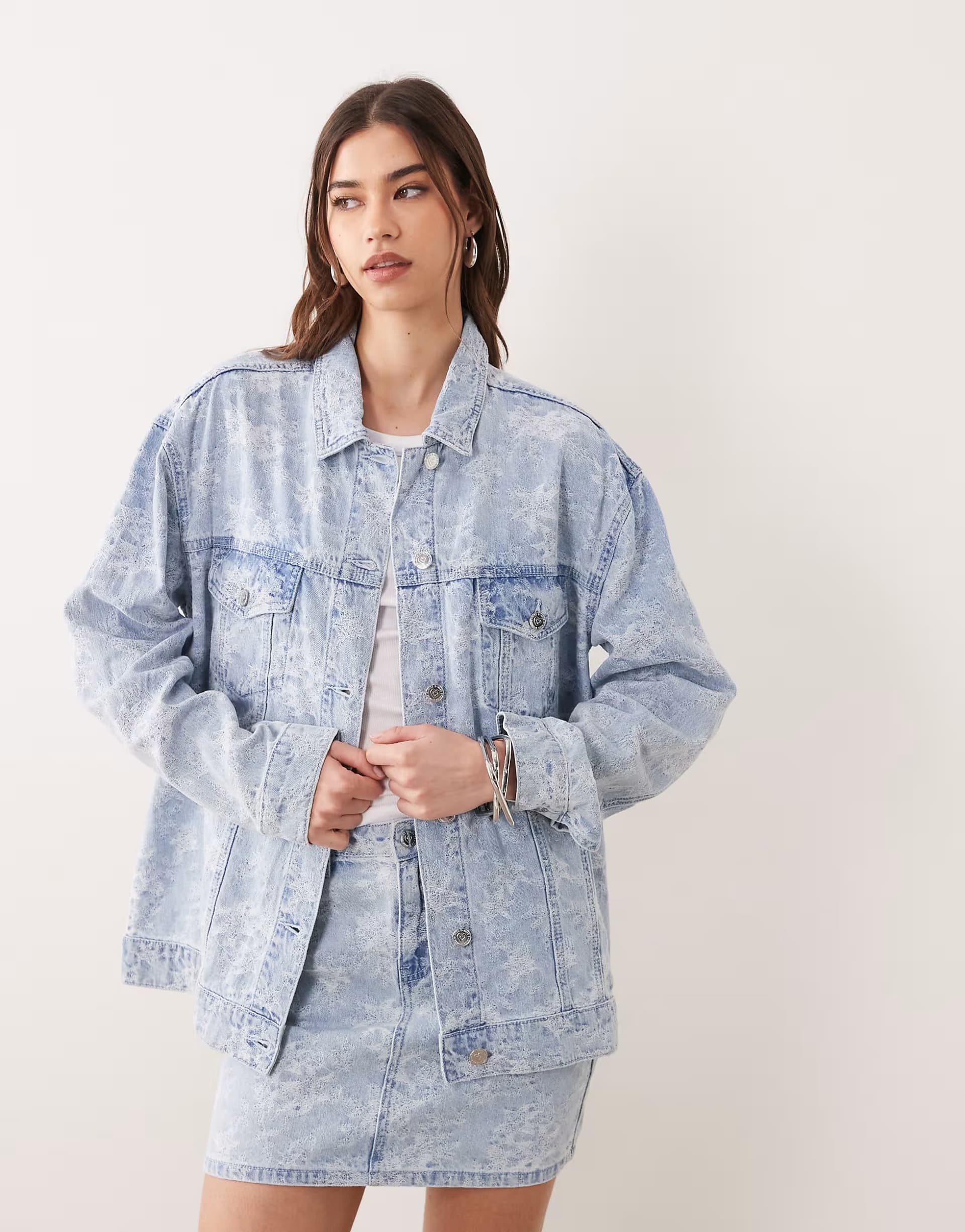 ASOS Miss Selfridge denim jacket co-ord with floral detail in blue wash