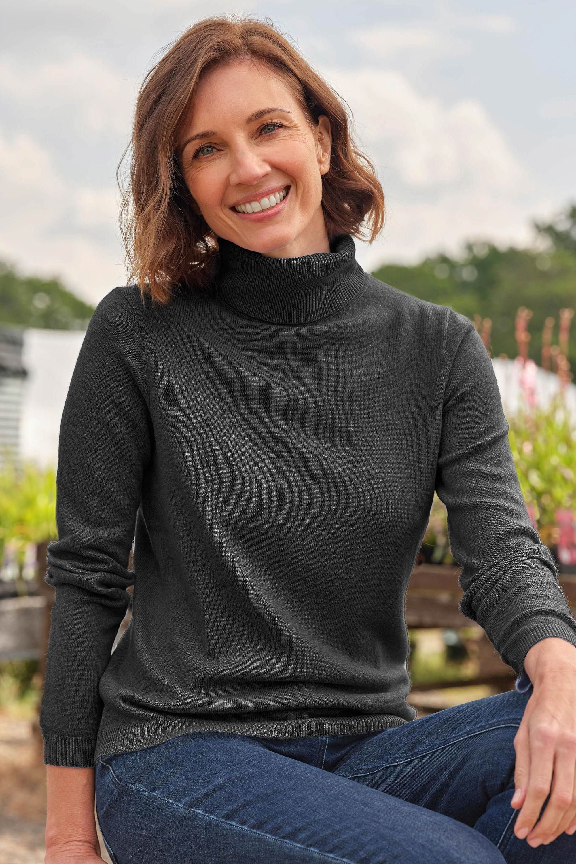 WoolOvers WoolOvers Women's Cashmere & Merino Fitted Polo Neck Knitted Jumper in Dark Grey - 1