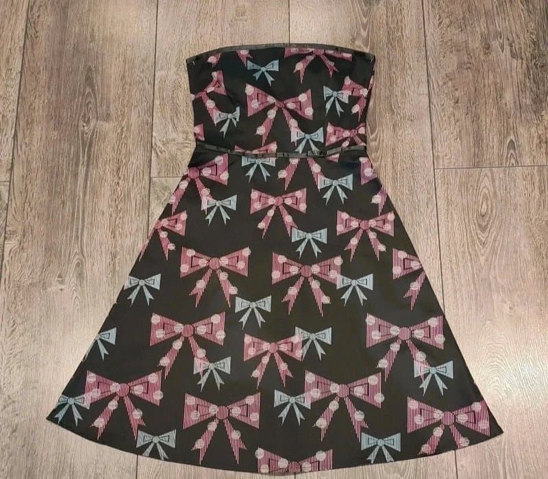 Topshop Vintage-Vibe Bow Print Strapless Dress - Size 10