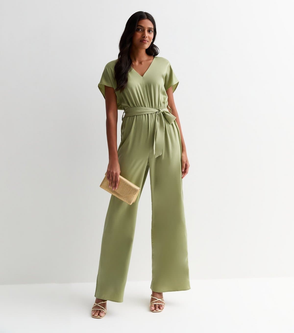 New Look Women's Green Satin Short Sleeve Belted Wide Leg Jumpsuit New Look