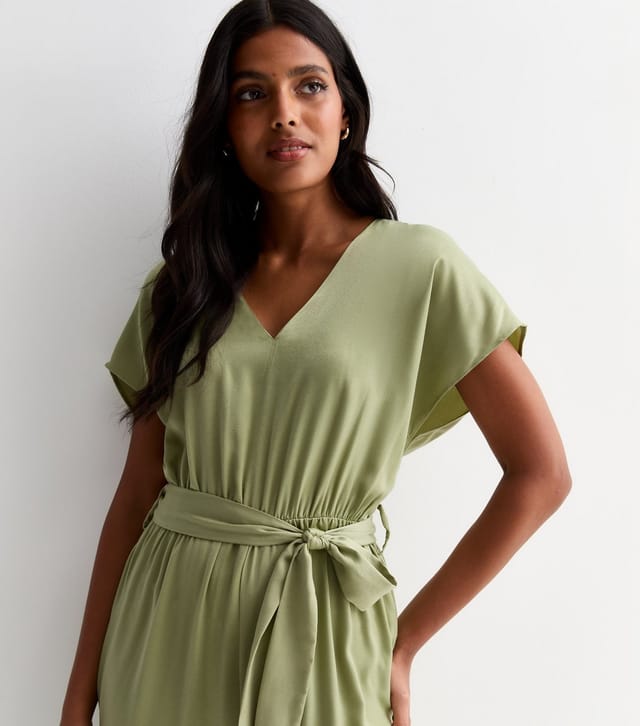 New Look Women's Green Satin Short Sleeve Belted Wide Leg Jumpsuit New Look - 2