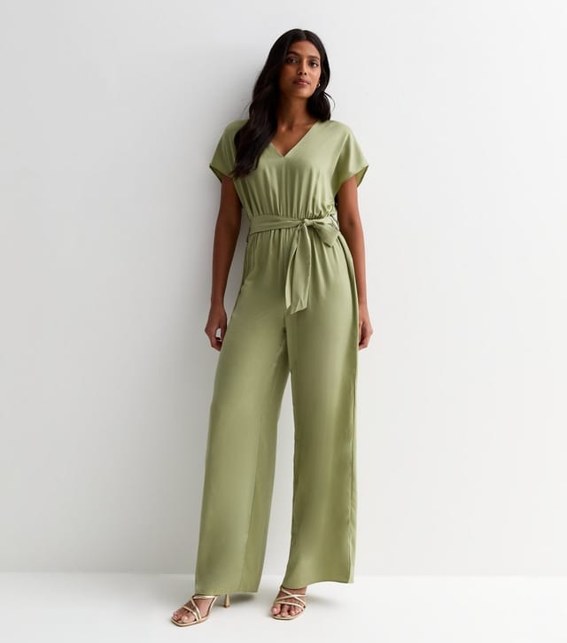 New Look Women's Green Satin Short Sleeve Belted Wide Leg Jumpsuit New Look - 3