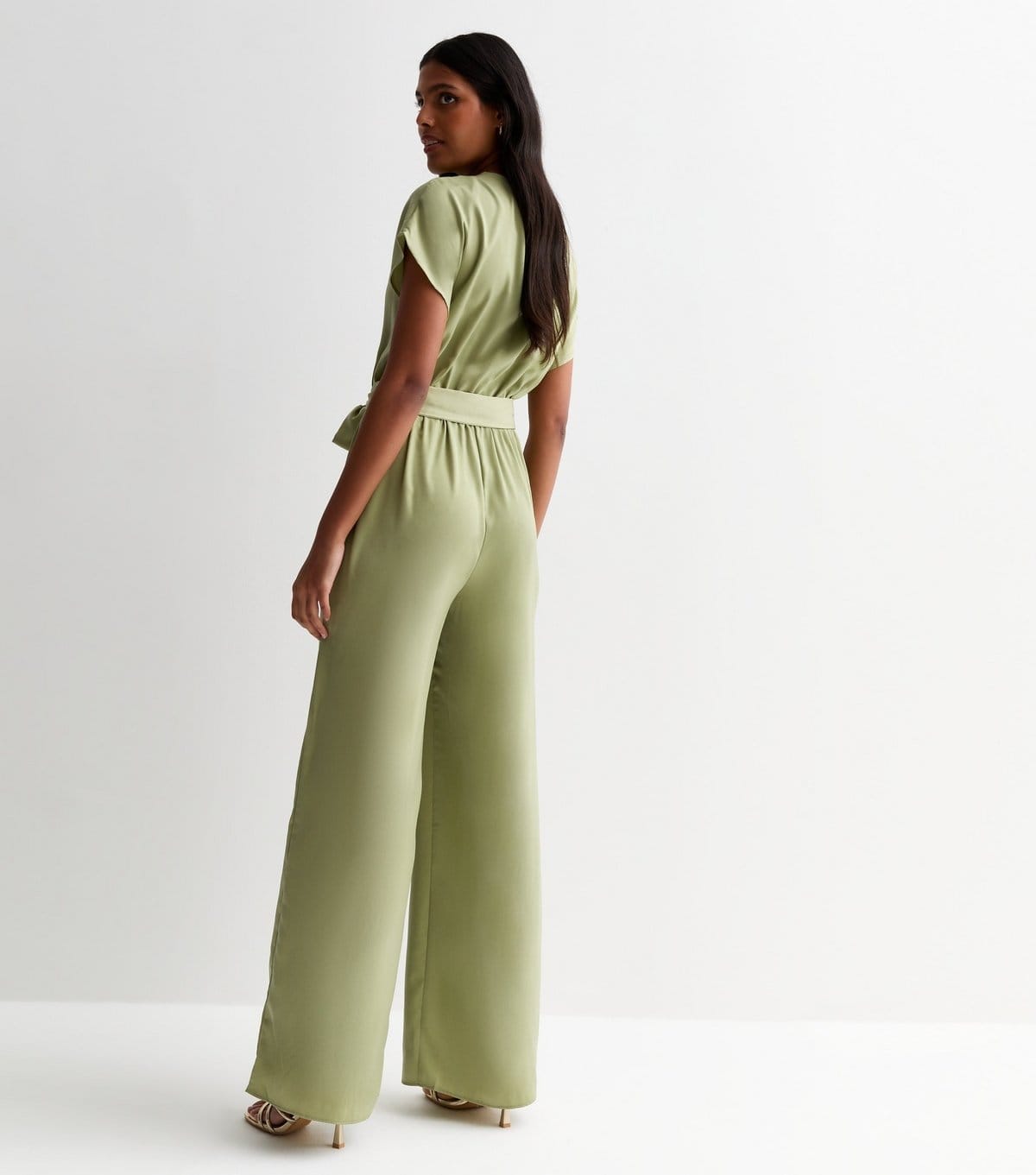 New Look Women's Green Satin Short Sleeve Belted Wide Leg Jumpsuit New Look - 4