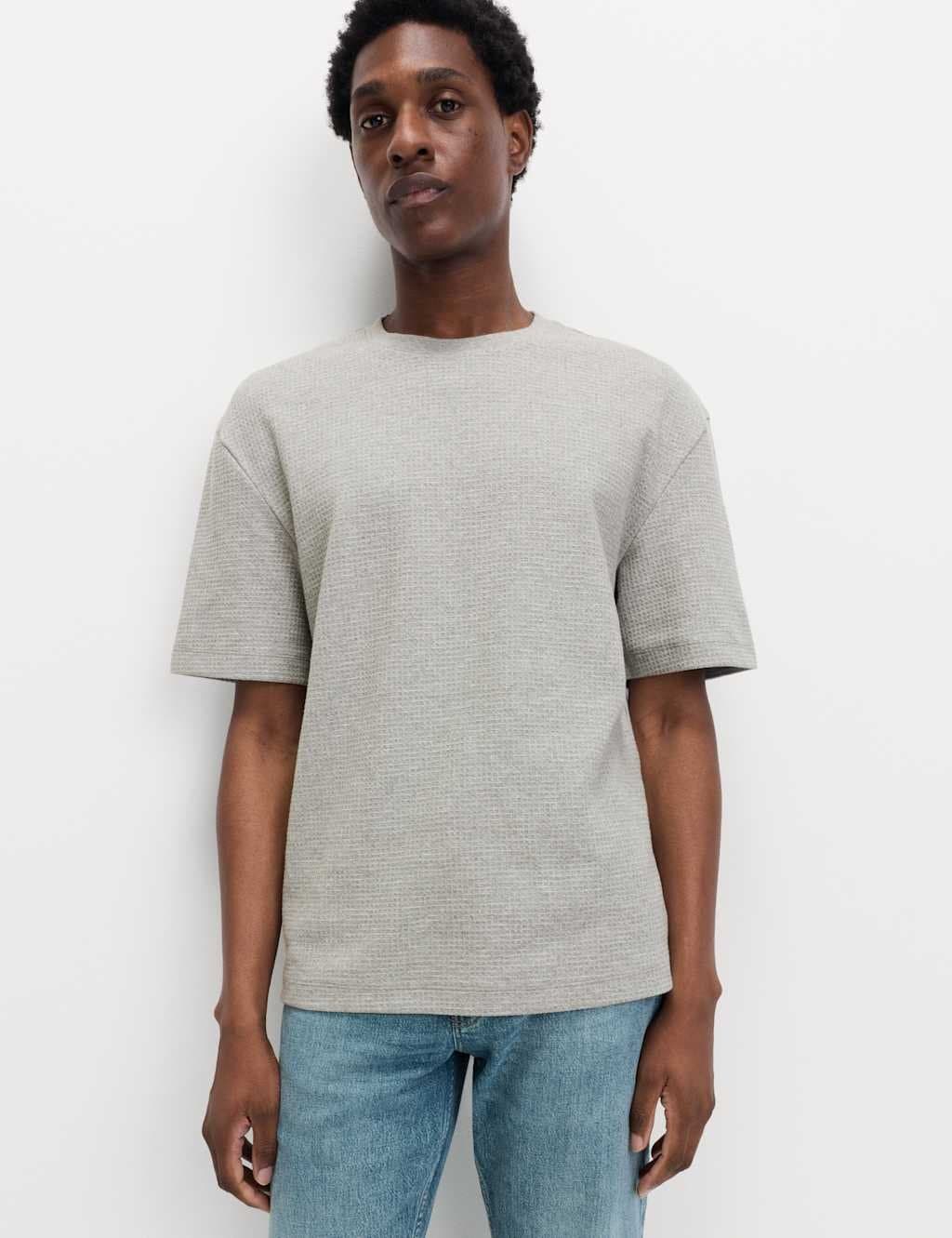 Marks & Spencer M&S Relaxed Pure Cotton Waffle T-Shirt Grey Marl