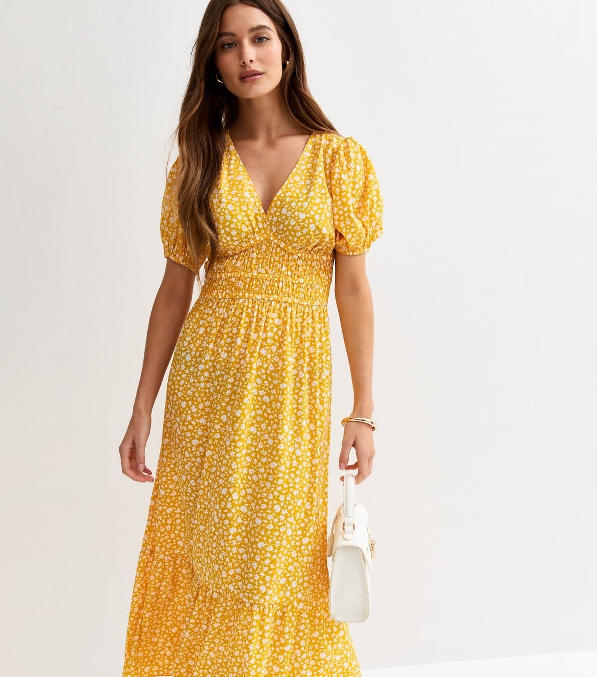 New Look Women's Yellow Ditsy Floral Short Sleeve Midi Dress New Look