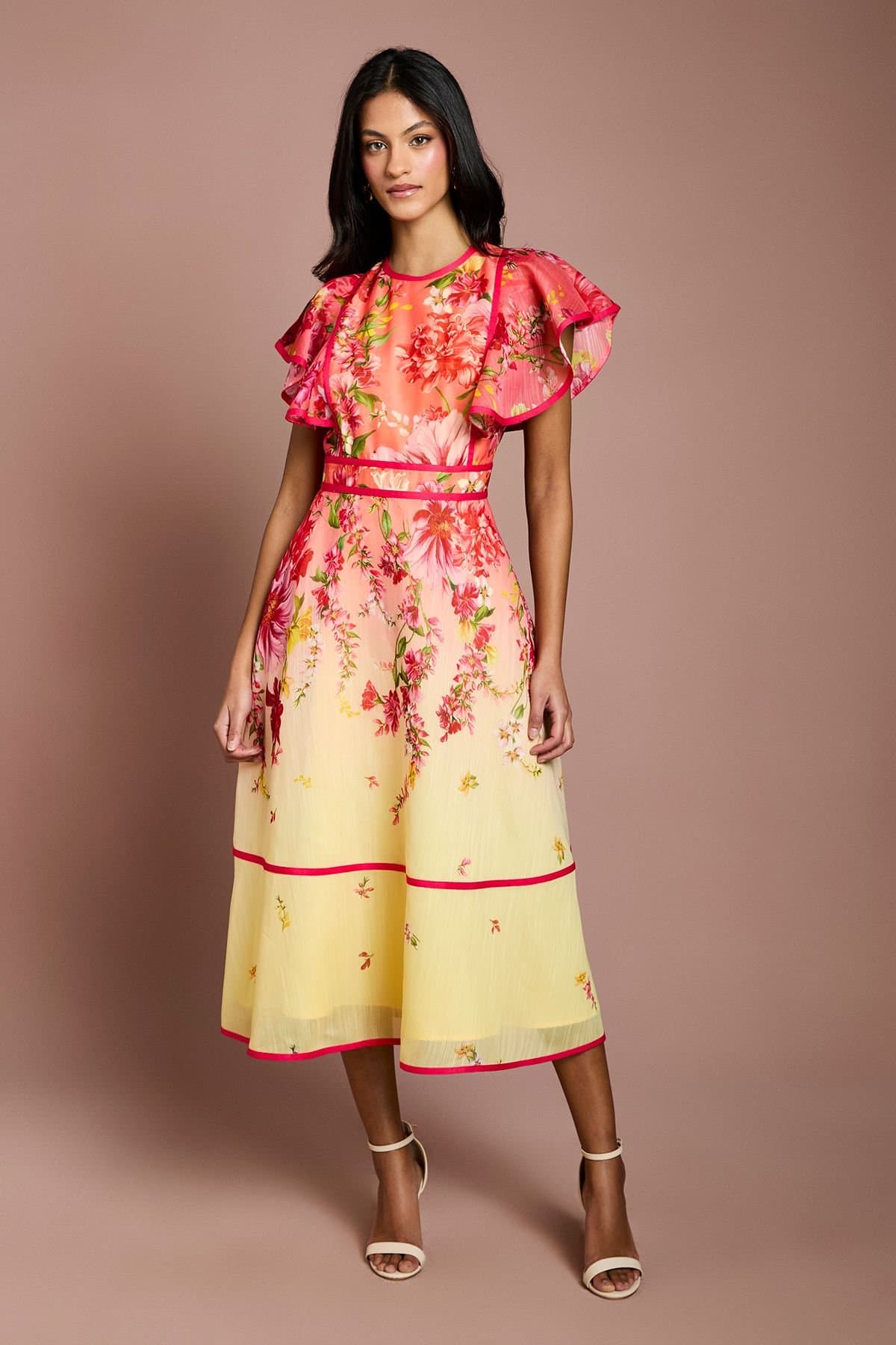 Coast Coast Women's Petite Placement Print Frill Sleeve Midi Dress in Lemon