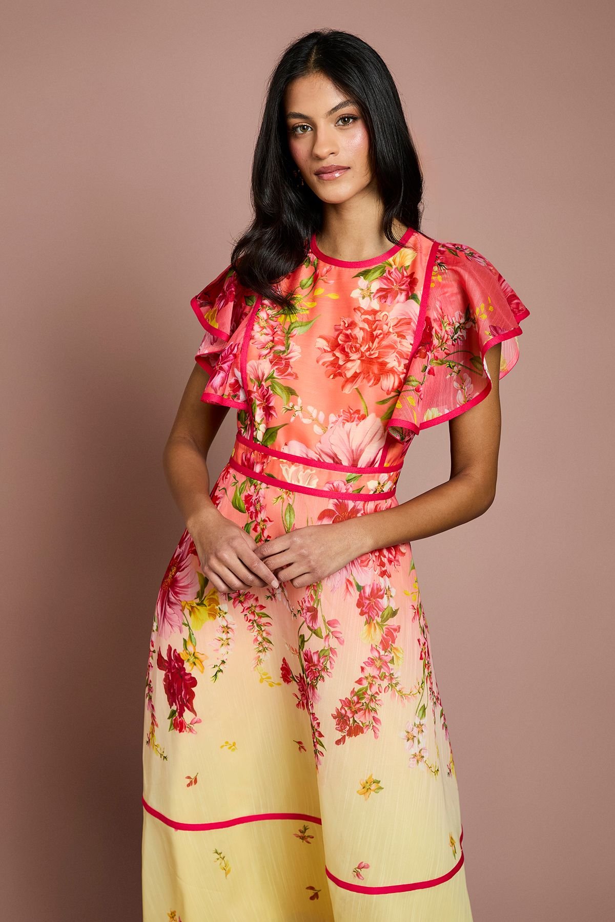 Coast Coast Women's Petite Placement Print Frill Sleeve Midi Dress in Lemon - 2