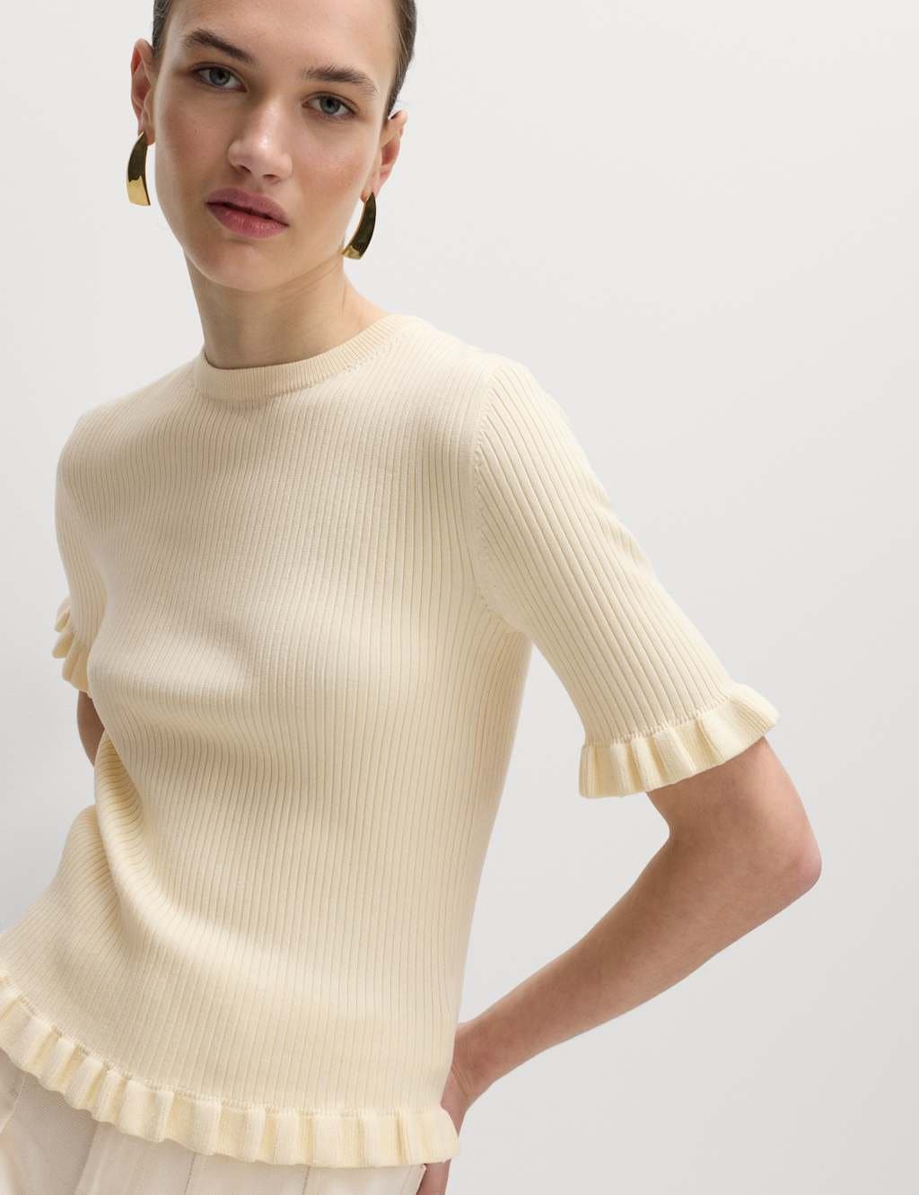 Marks & Spencer M&S Buttermilk Ribbed Frill Detail Knitted Top