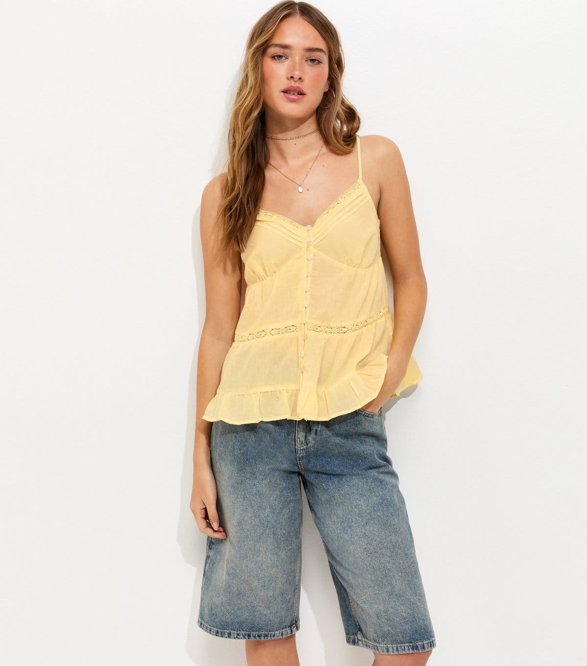 New Look Yellow Lace-Trimmed Camisole Top