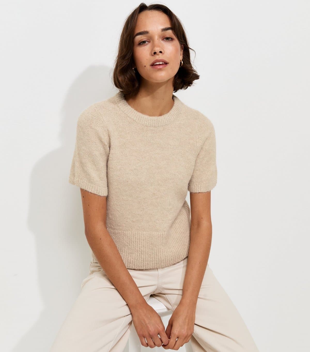 New Look Women's Oatmeal Brushed Knit T-Shirt New Look