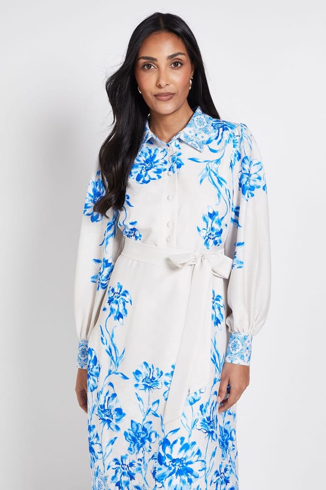 Wallis Wallis Women's Petite Floral Belted Midi Shirt Dress in Blue - 2