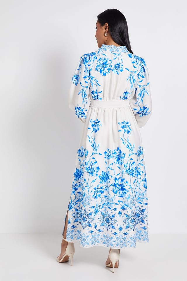 Wallis Wallis Women's Petite Floral Belted Midi Shirt Dress in Blue - 3