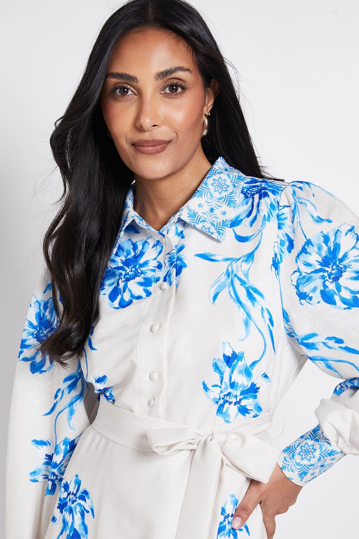 Wallis Wallis Women's Petite Floral Belted Midi Shirt Dress in Blue - 4