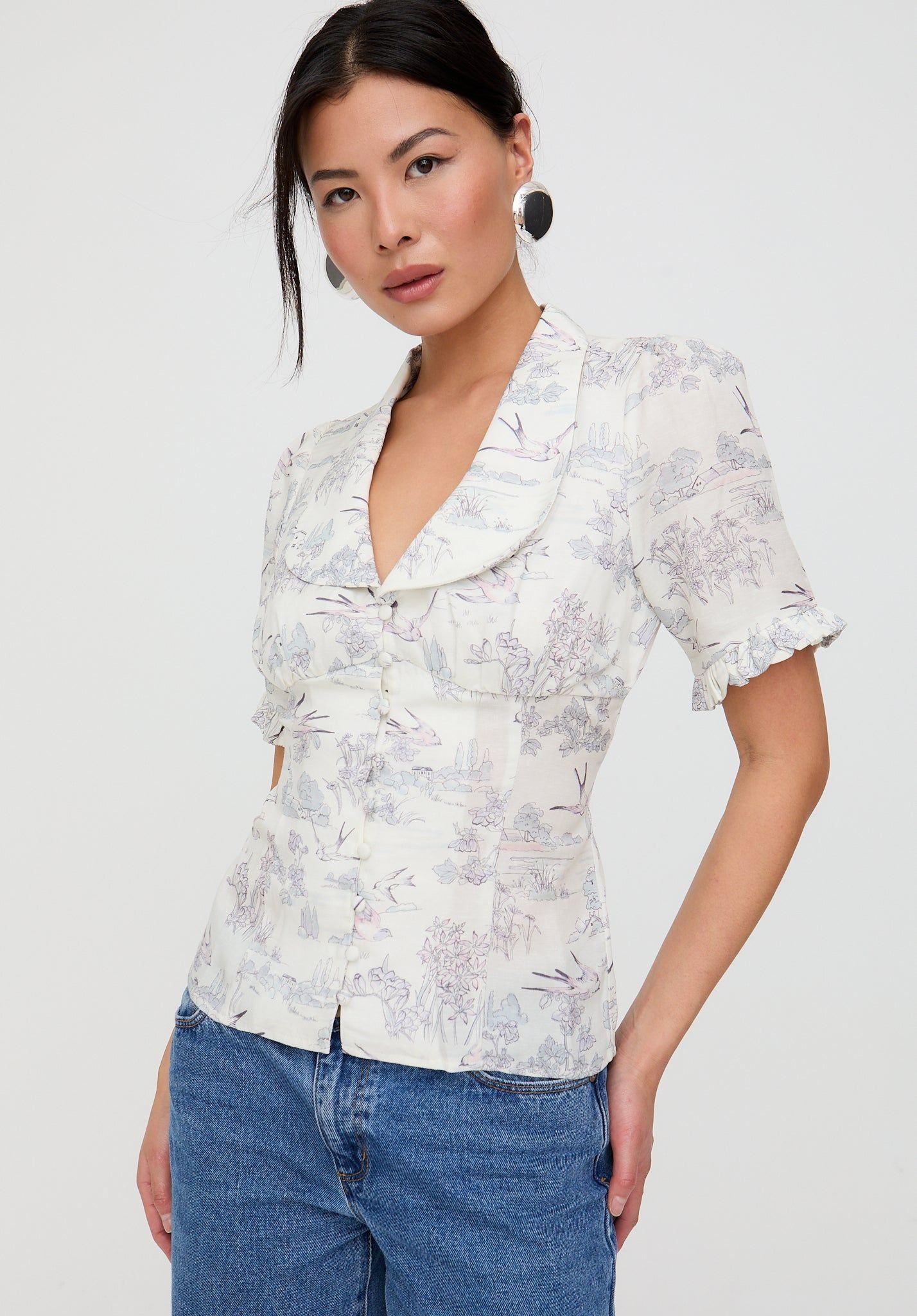 Lily and Lionel Lily and Lionel Women's Rachel Vintage Inspired Short Sleeve Josephine Print Shirt In Cream in Ecru - 3