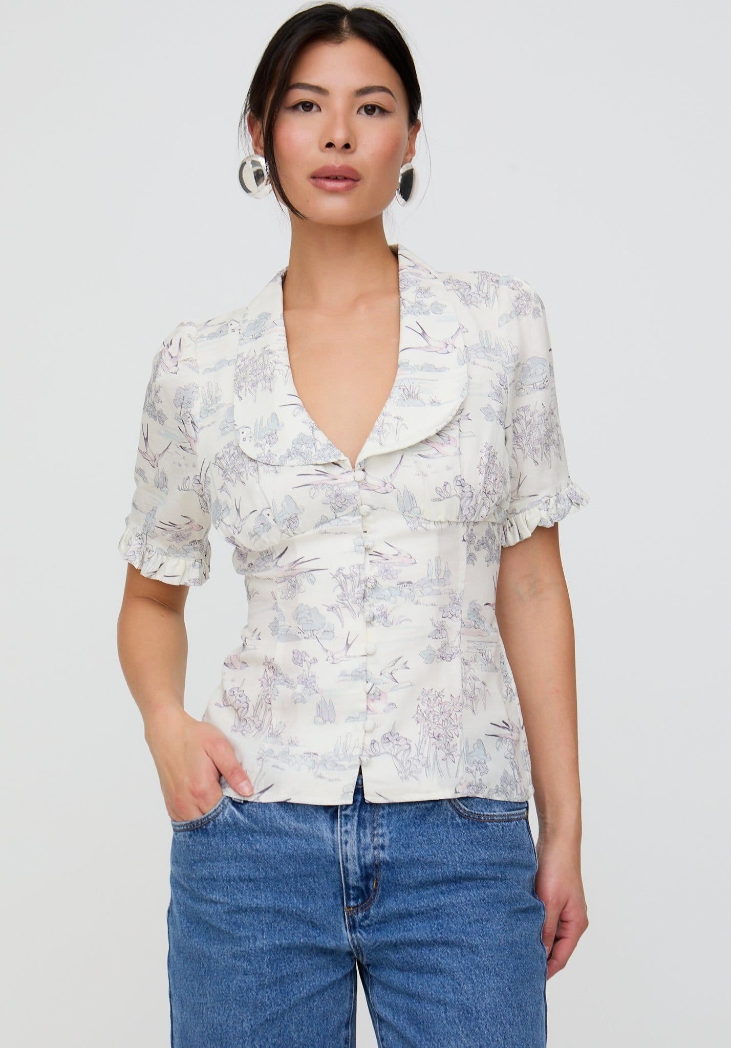 Lily and Lionel Lily and Lionel Women's Rachel Vintage Inspired Short Sleeve Josephine Print Shirt In Cream in Ecru - 4