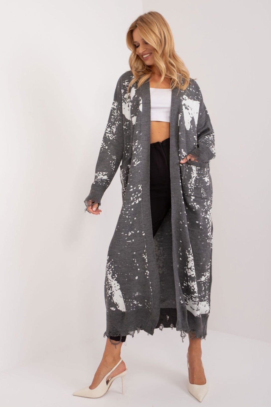 Love Lace Grey Acrylic Printed Long Sleeve Cardigan