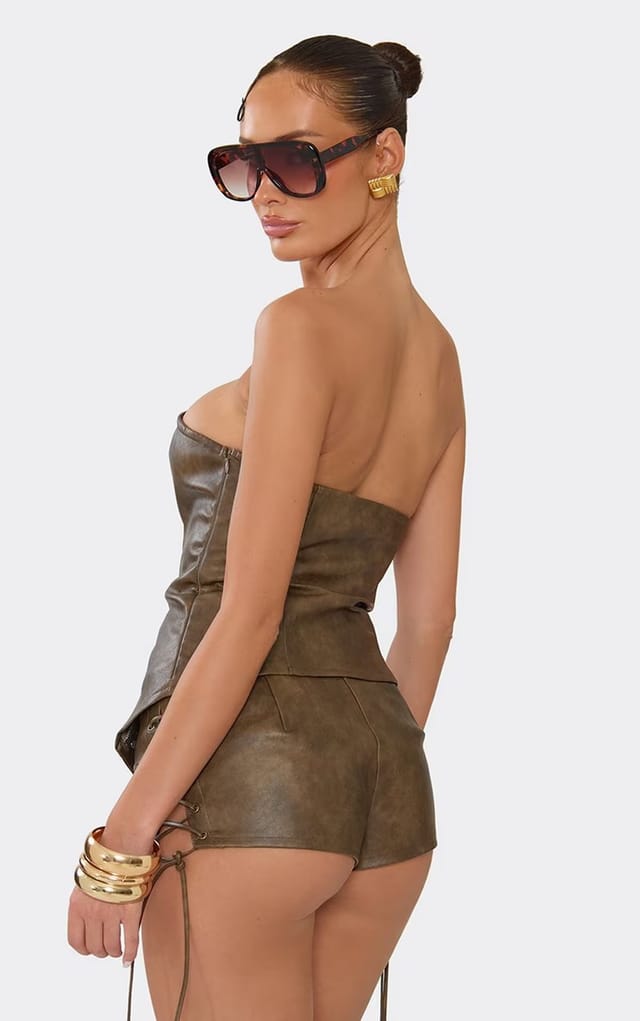 EGO Bandeau Lace Up Front Top In Brown Faux Leather, Women's Size UK 6 - 2