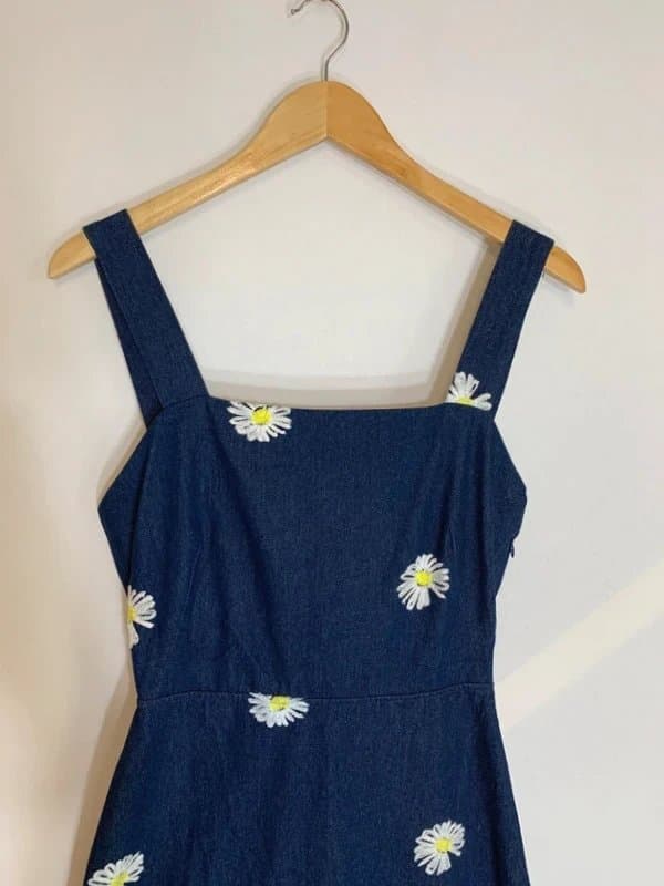 Never Fully Dressed Never Fully Dressed Midaxi Denim Dress 8 Indigo Blue Embroidered Daisy Back Bow 9091 a b