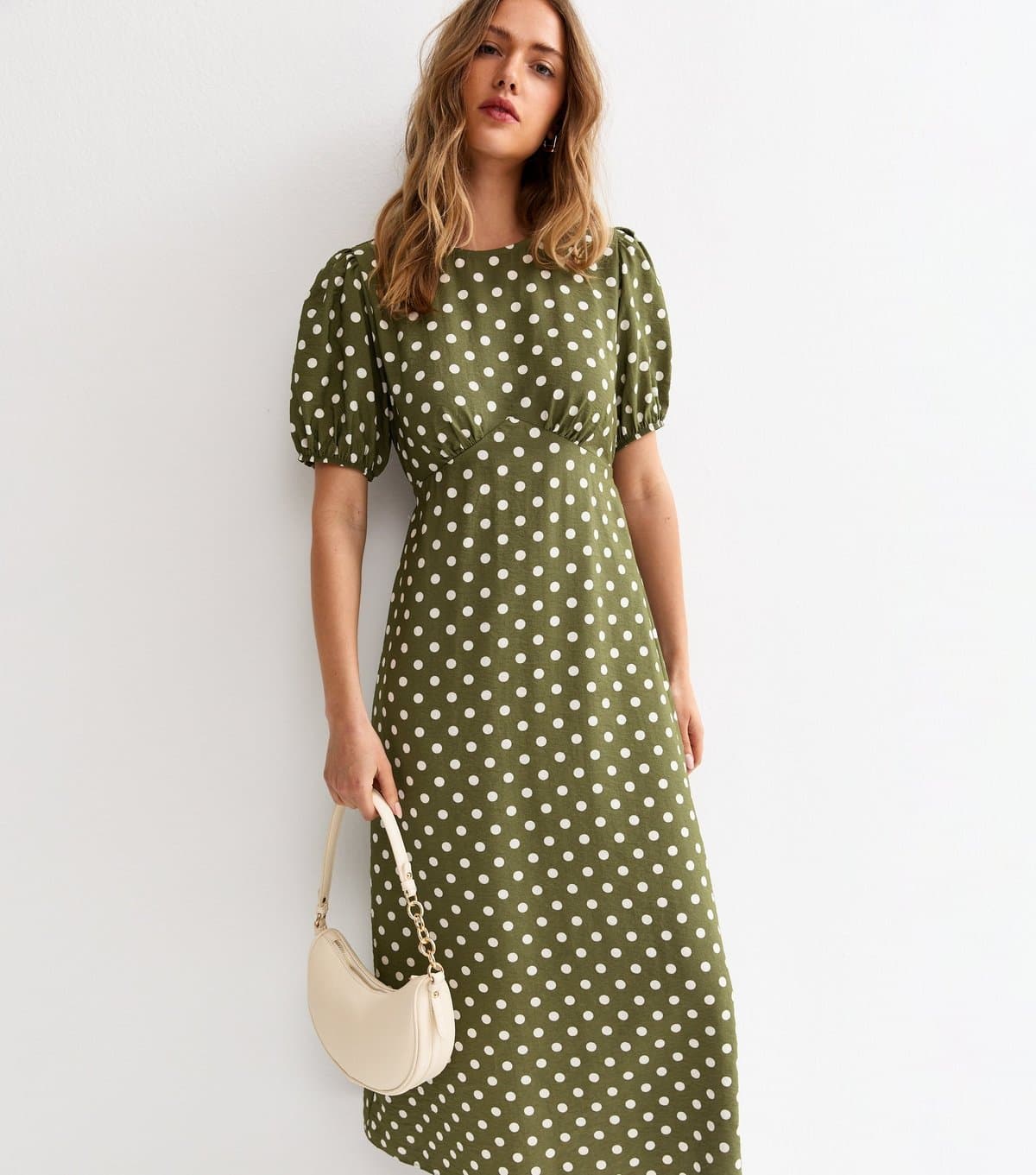 New Look Women's Khaki Polka Dot Crew Neck Midi Dress New Look