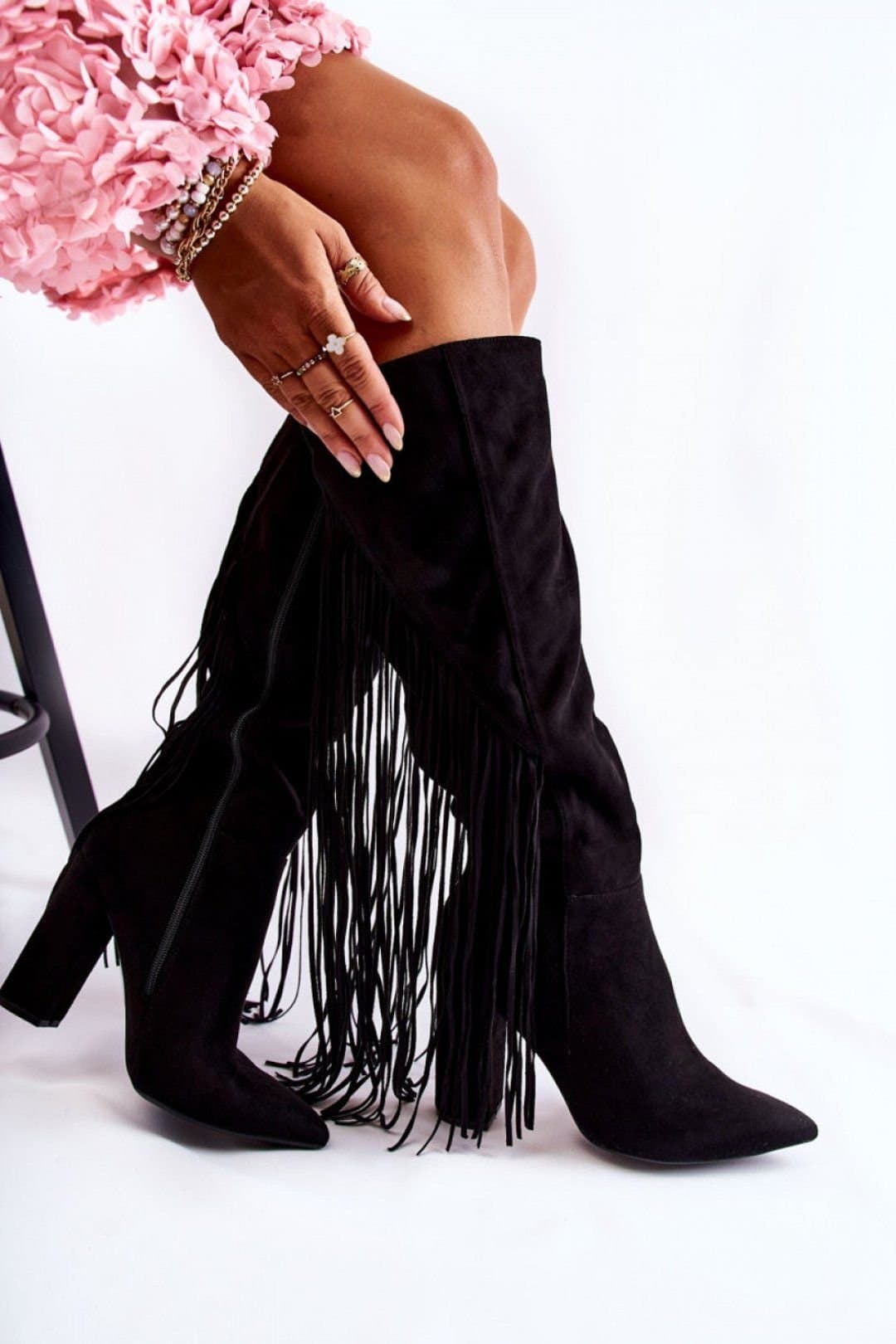 Love Lace Love Lace Women's Pointed Toe Tassel Heel Boots With Stable Post Heel Side Zip in Black