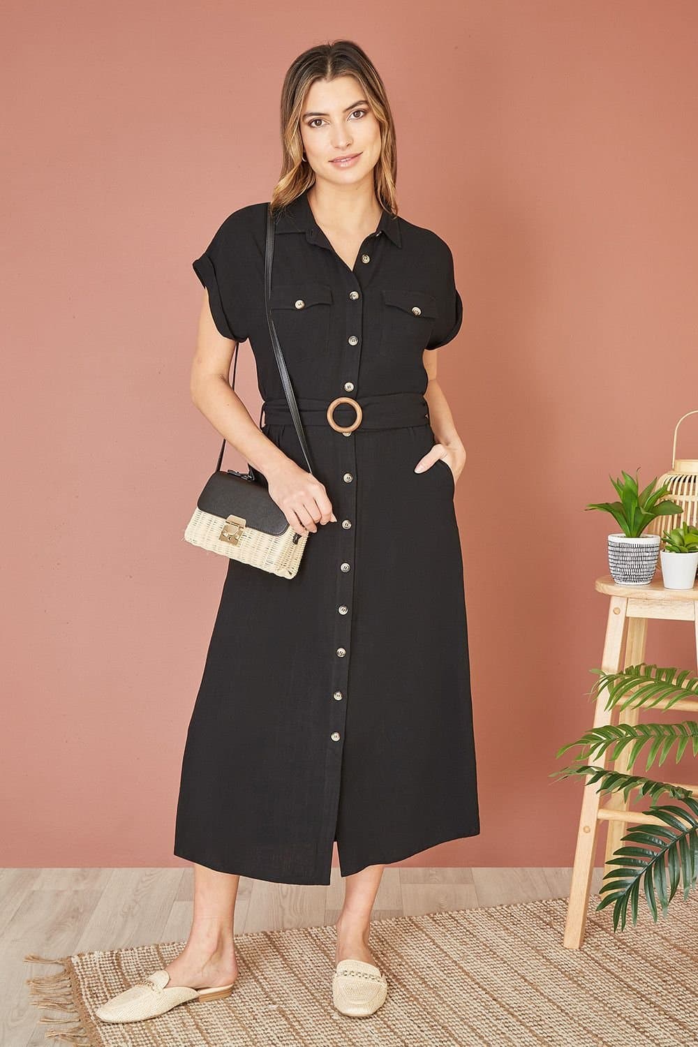 Yumi Yumi Women's Black Viscose Linen Look Midi Shirt Dress With Wooden Belt