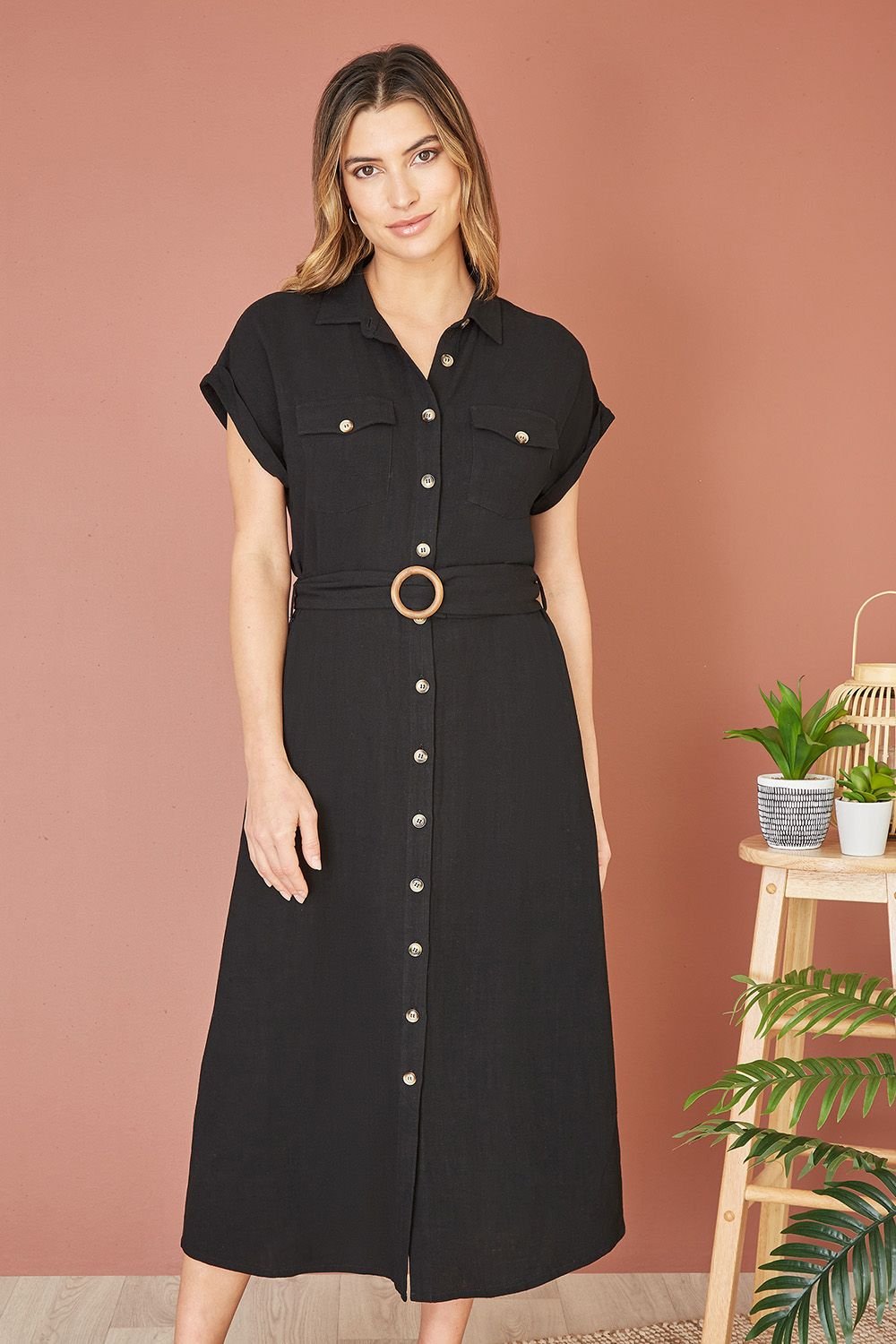 Yumi Yumi Women's Black Viscose Linen Look Midi Shirt Dress With Wooden Belt - 2